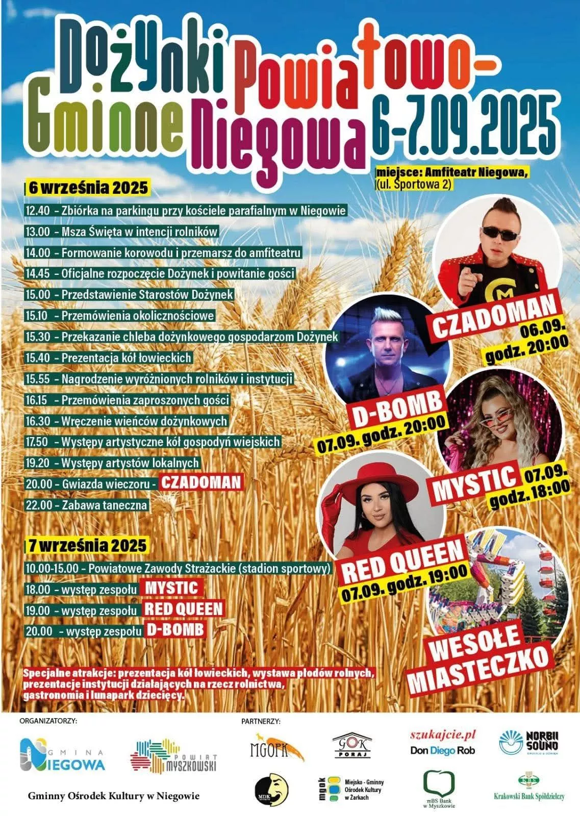 Program Dożynek Powiatowo Gminnych w Niegowie 2025. Wystąpią Czadoman, D Bomb, Mystic i Red Queen